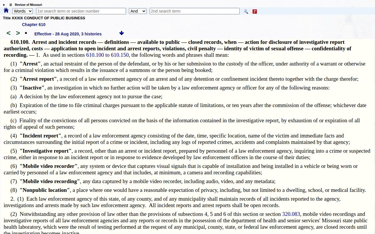 Missouri statute section 610.100 defining arrest reports and public record status