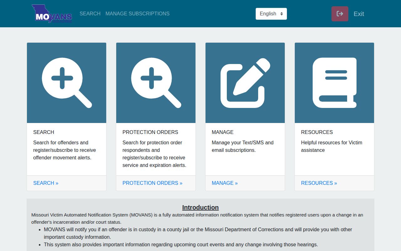 Current MOVANS public portal search and registration interface