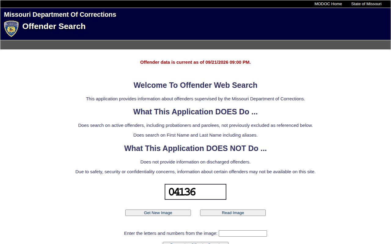 Missouri DOC offender search landing page for state custody records