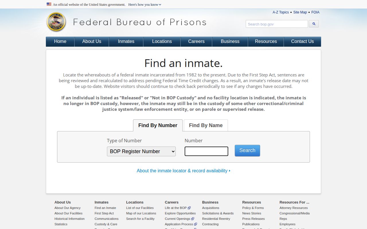 Bureau of Prisons inmate locator search fields for federal custody