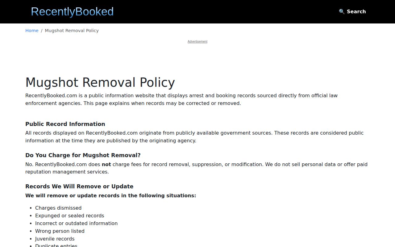 RecentlyBooked free correction and removal policy for secondary arrest listings