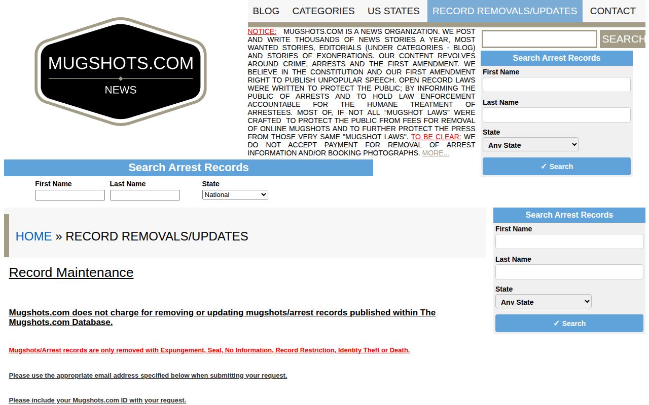 Mugshots.com policy describing free update and removal grounds