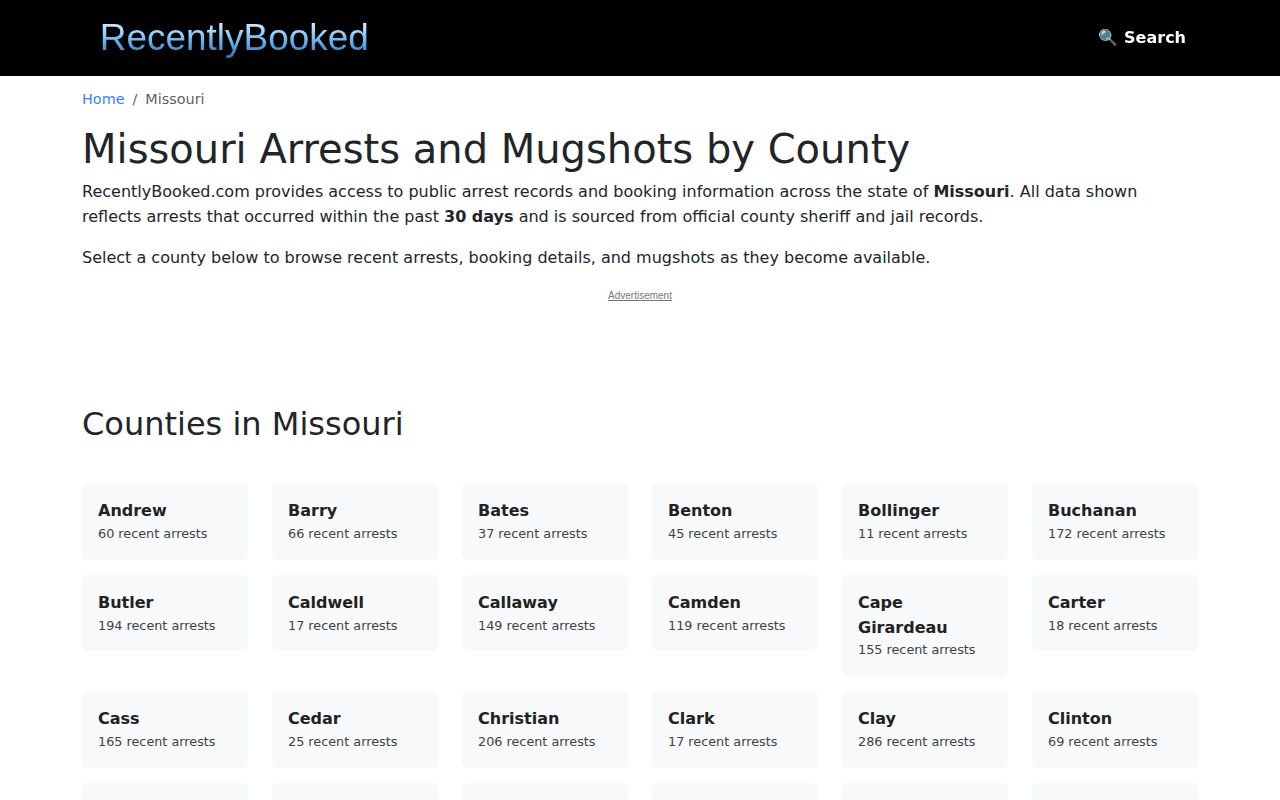 RecentlyBooked Missouri state arrest index landing page