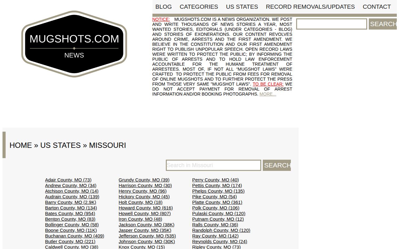 Mugshots.com Missouri state and county index landing page