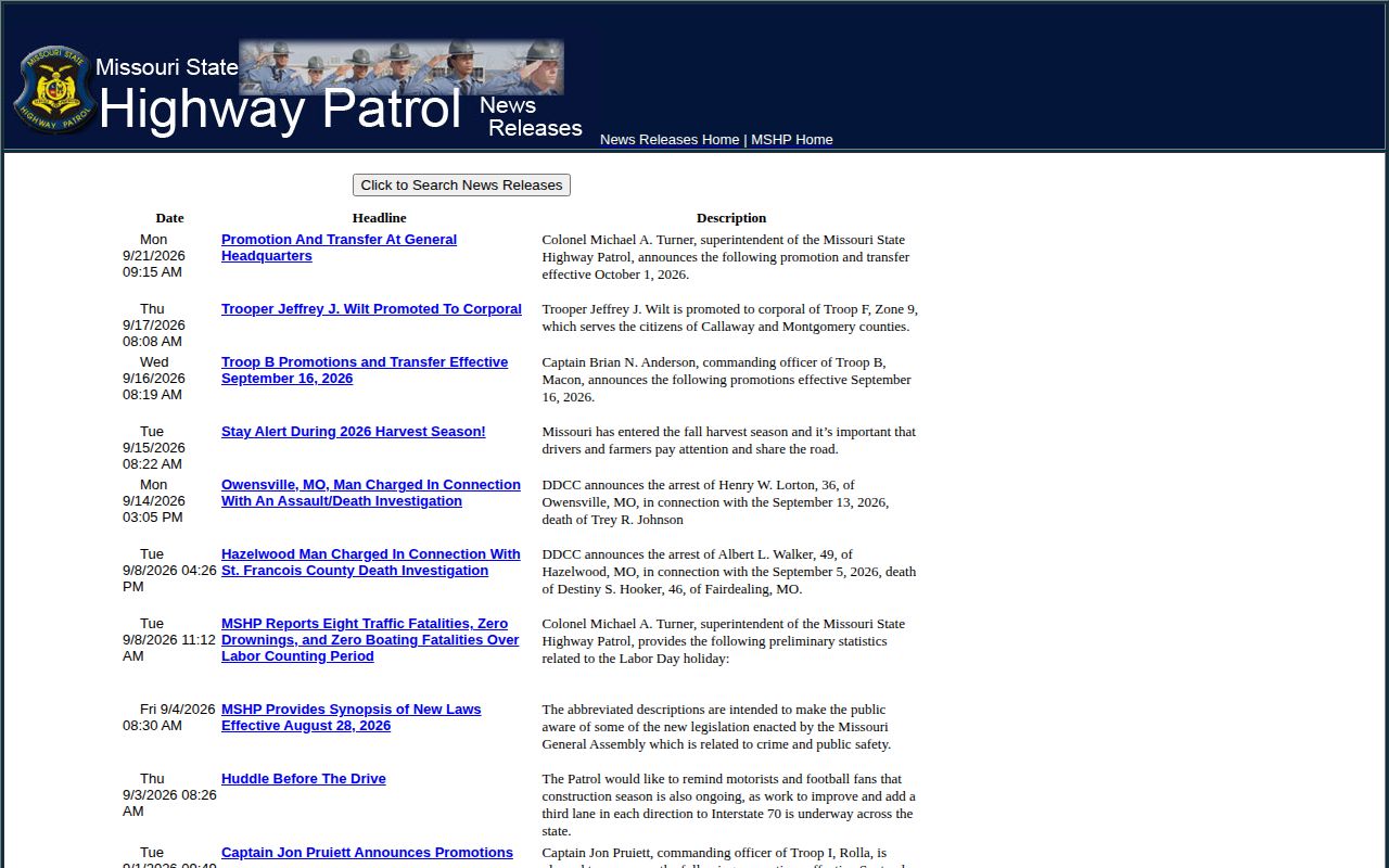 Missouri State Highway Patrol dated news release archive