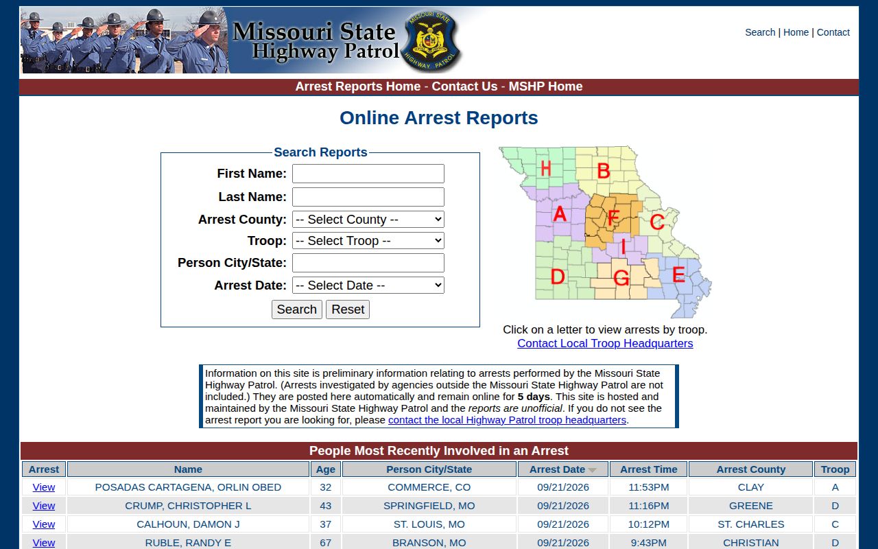 MSHP arrest report search interface with preliminary data notice