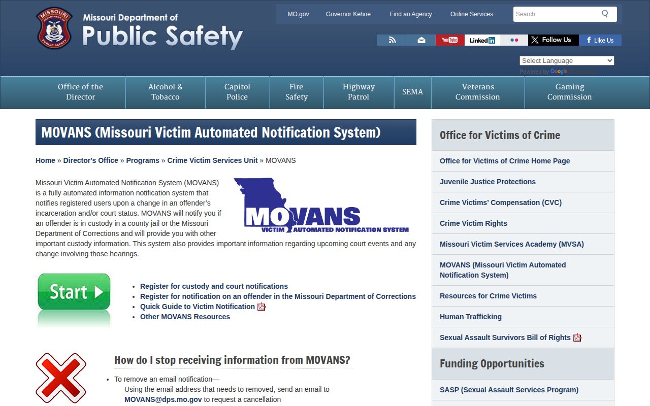 Missouri Department of Public Safety MOVANS program scope and notification information