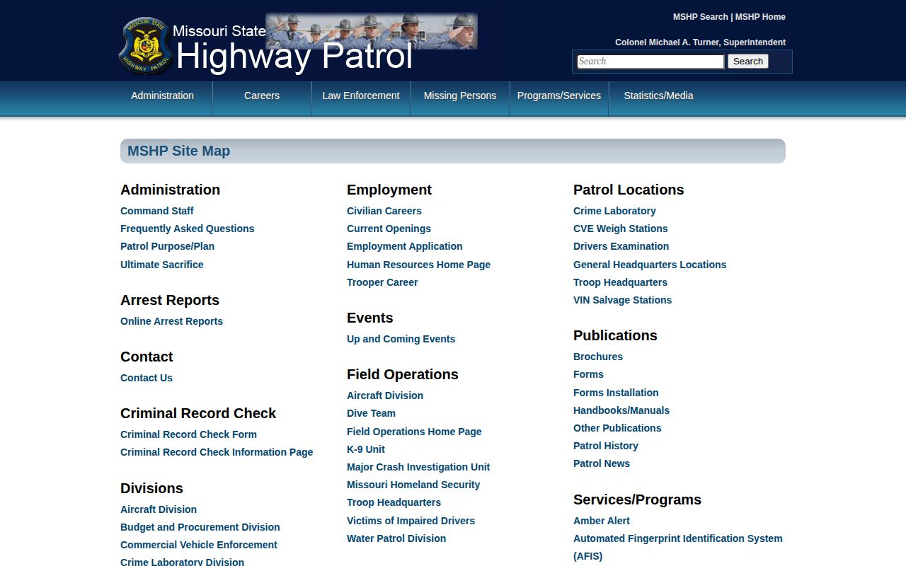 Missouri State Highway Patrol website navigation to Patrol's Most Wanted
