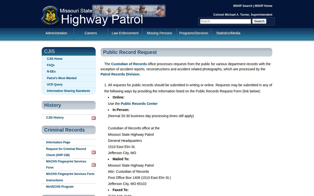 Missouri State Highway Patrol Public Records Center request instructions