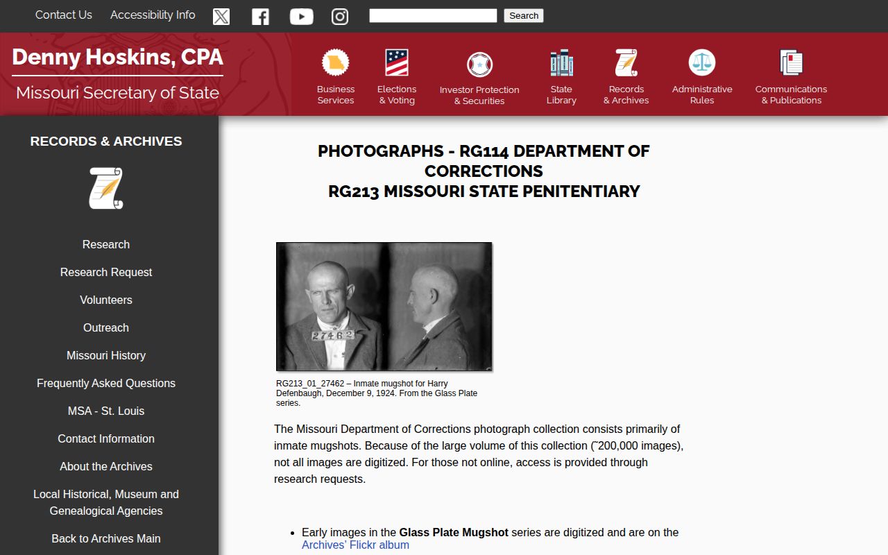 State Archives page for historical Missouri Department of Corrections mugshots